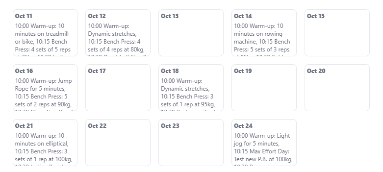 AI-Created Calendar for Bench Pressing Example