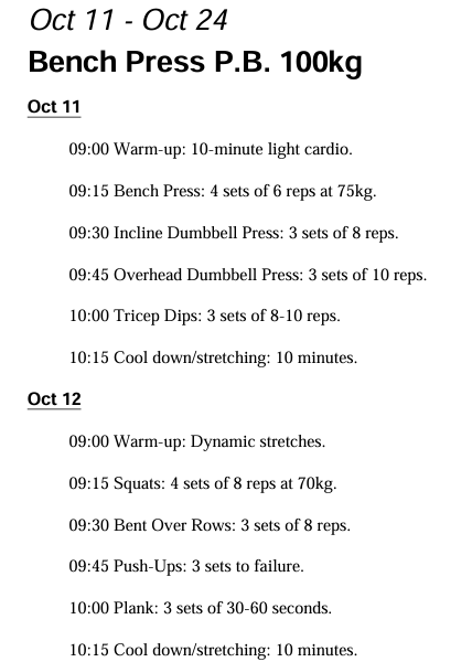 Bench Pressing Calendar PDF Export Example